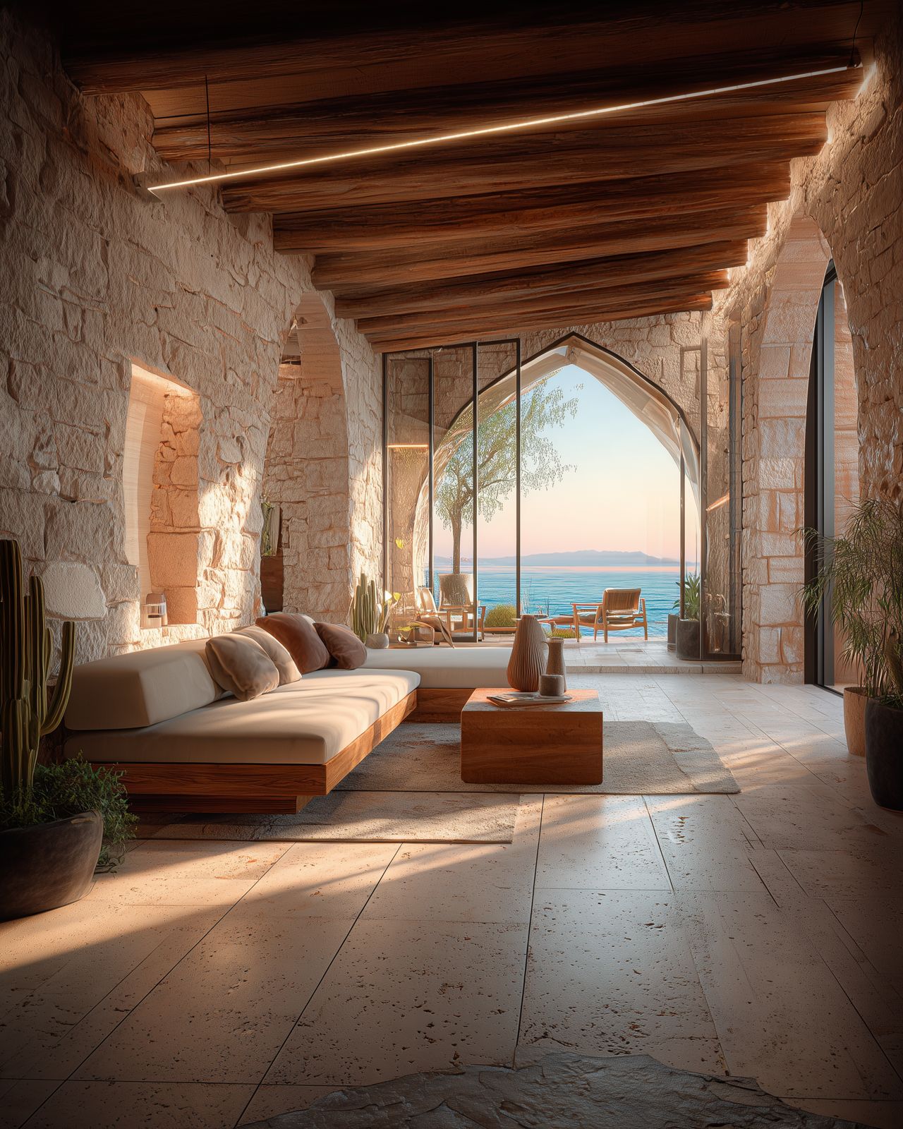Living room with stone arches and linen sofa