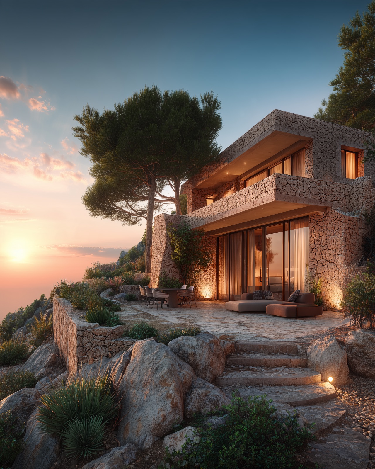 Mallorcan stone finca at sunset