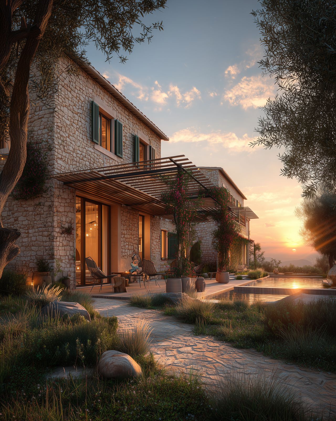 Restored Mallorcan stone finca at sunset