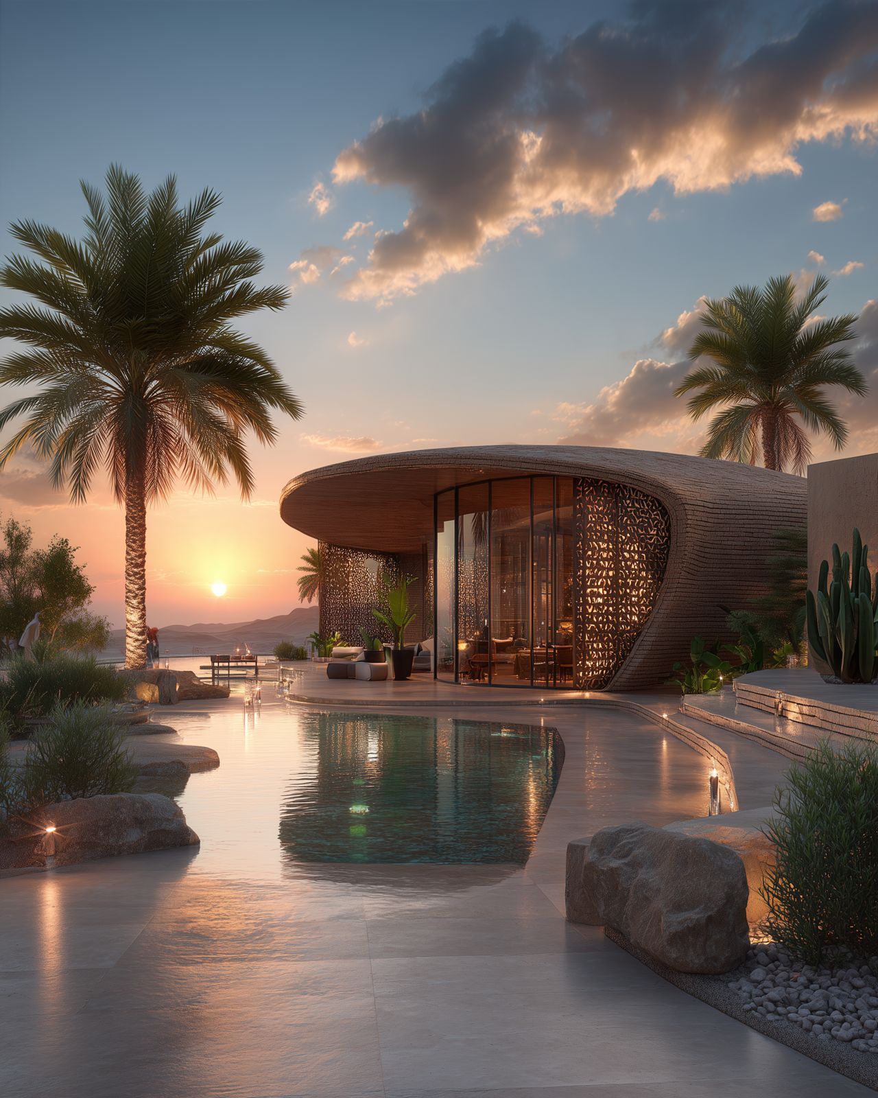 Sculptural pavilion with pool at sunset in the Gulf